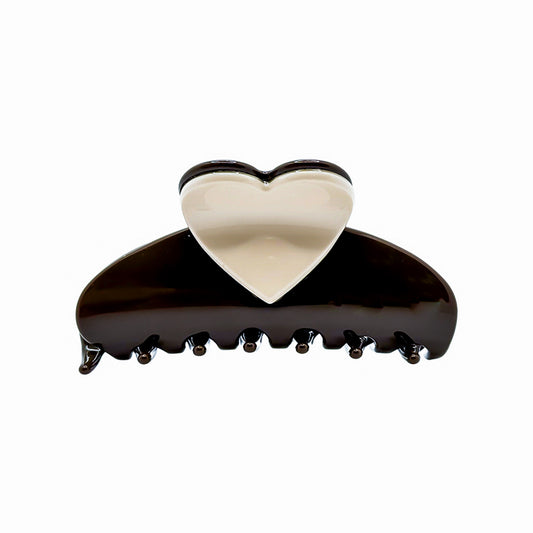 Brown claw hair clip with a glossy silver heart accent, designed for a strong hold and stylish finish.