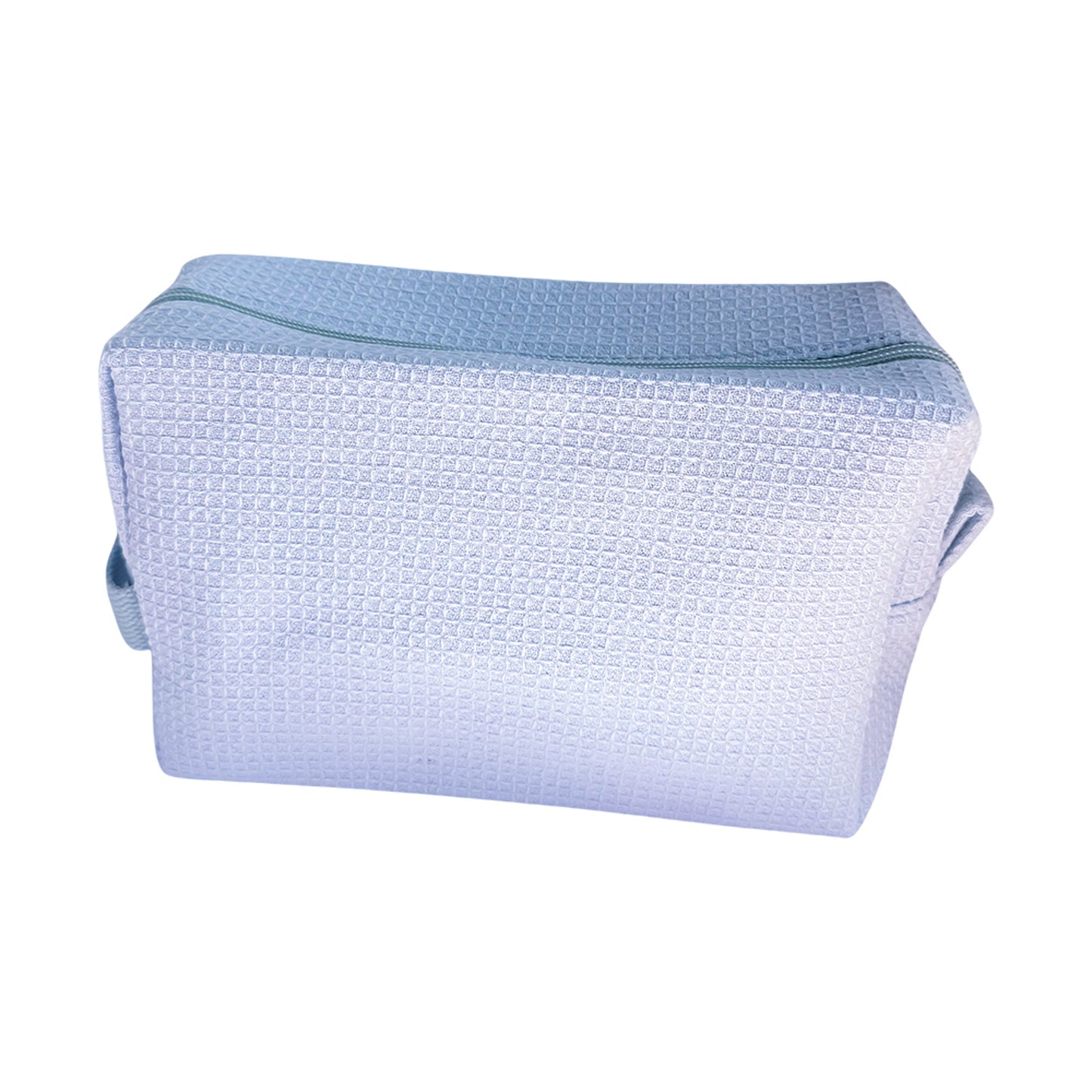 Baby blue waffle-textured travel pouch with zipper — versatile makeup bag or toiletry organizer by Local Love by Lauren.
