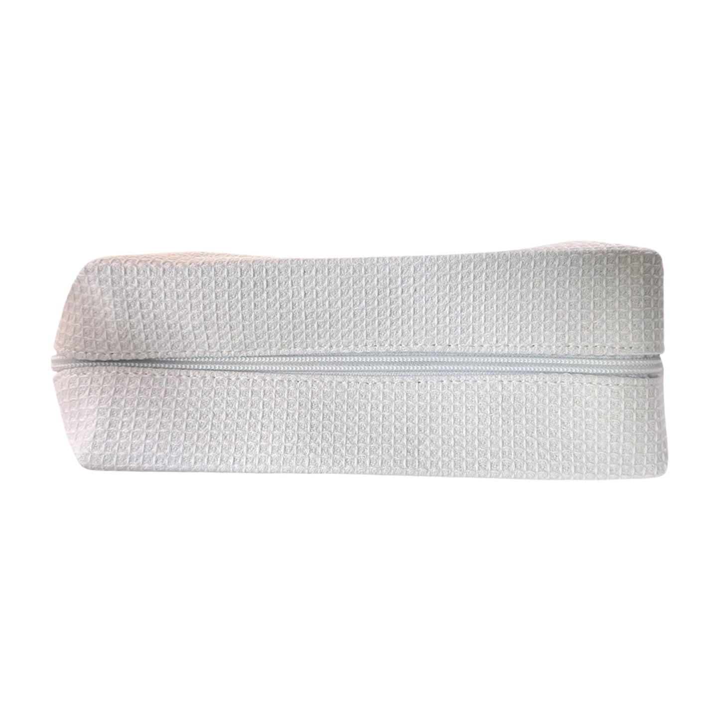 Custom white waffle-textured travel pouch — personalized makeup or toiletry bag by Local Love by Lauren.