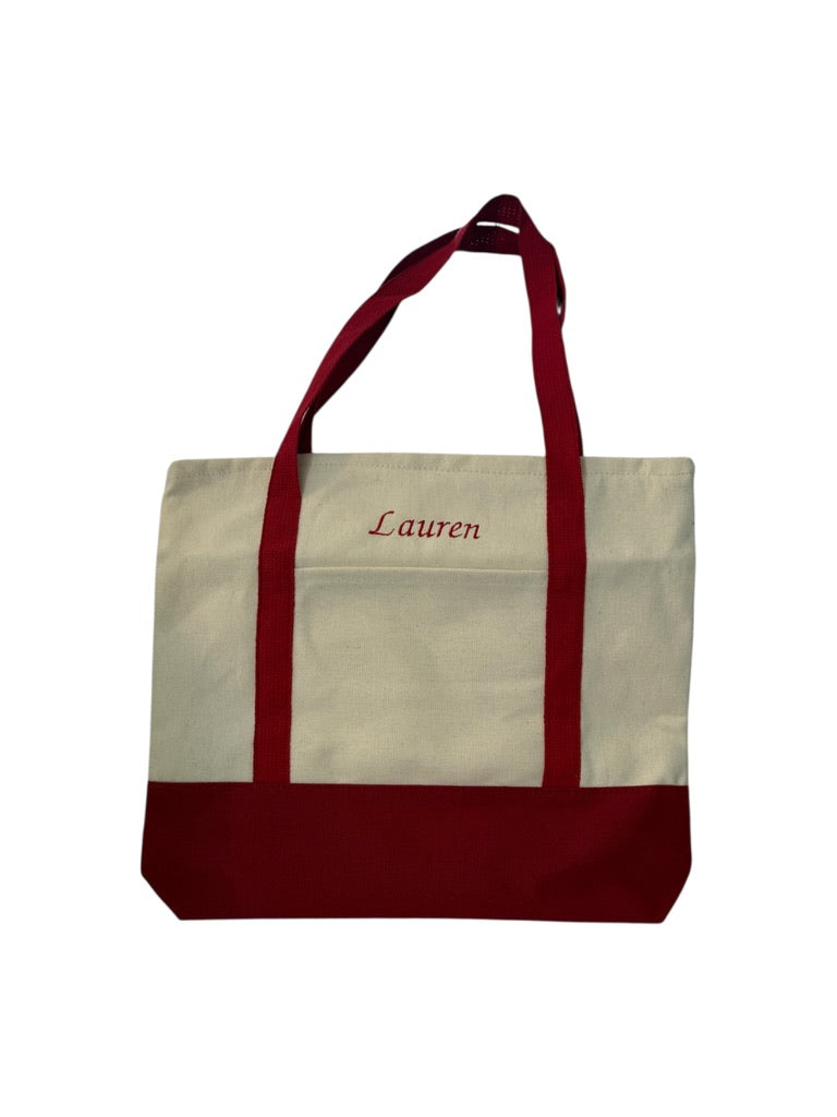 Custom embroidered canvas tote bag with contrasting straps and base — available in black, forest green, and red from Local Love by Lauren.