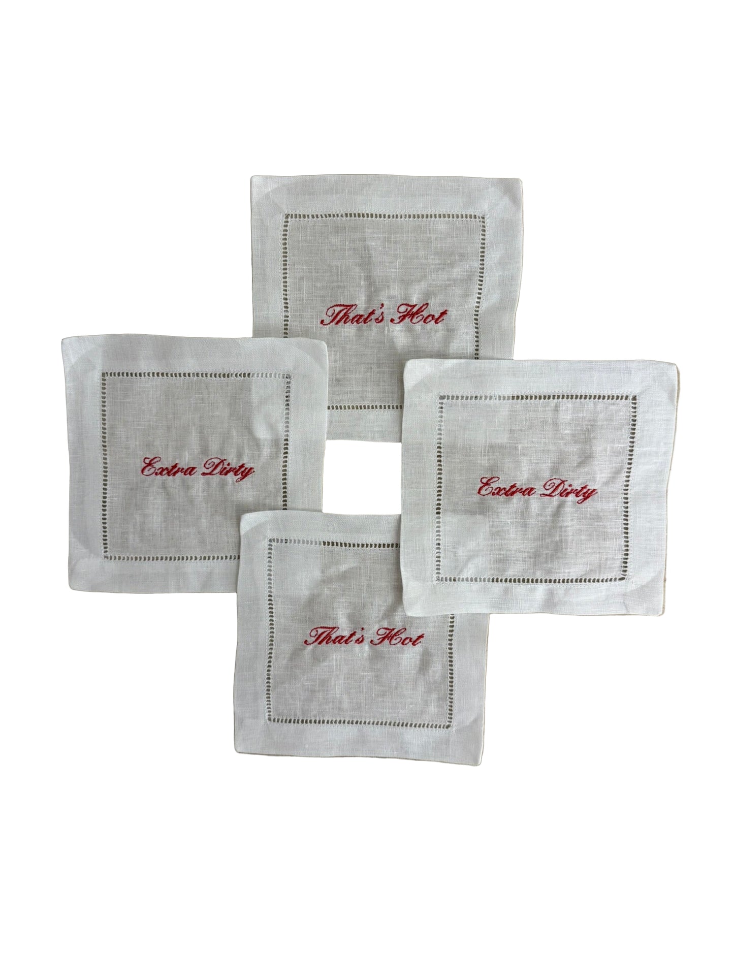 Upgrade your bar cart with The Flirty Cocktail Set – pre-embroidered linen cocktail napkins with cheeky sayings. Perfect hostess gift or party accessory.