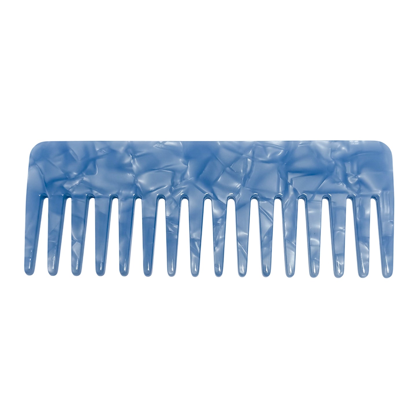Glossy blue pearl wide tooth comb with marbled finish and smooth curved edges, perfect for detangling and personalization.