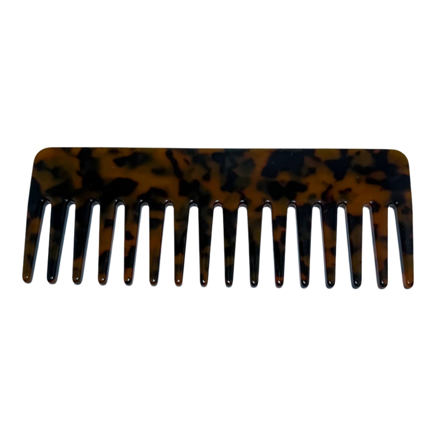 Tortoise shell-patterned wide tooth comb with a smooth, curved edge and glossy finish, personalized to order.