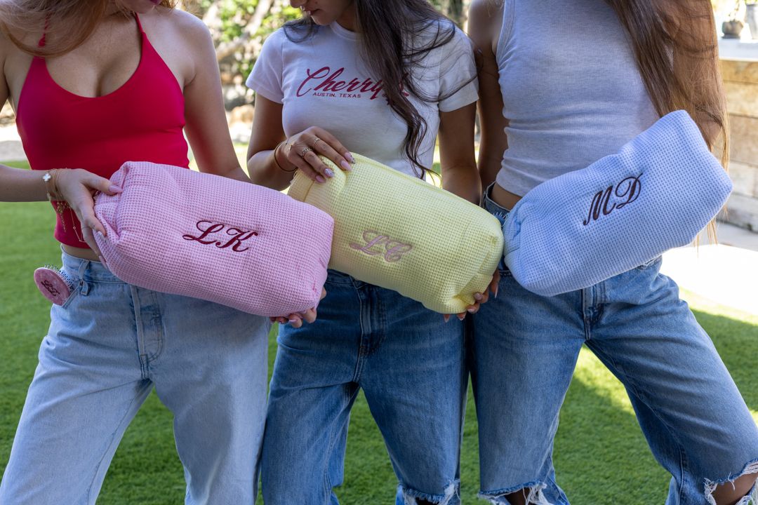 Friends holding personalized embroidered waffle bags – Local Love by Lauren