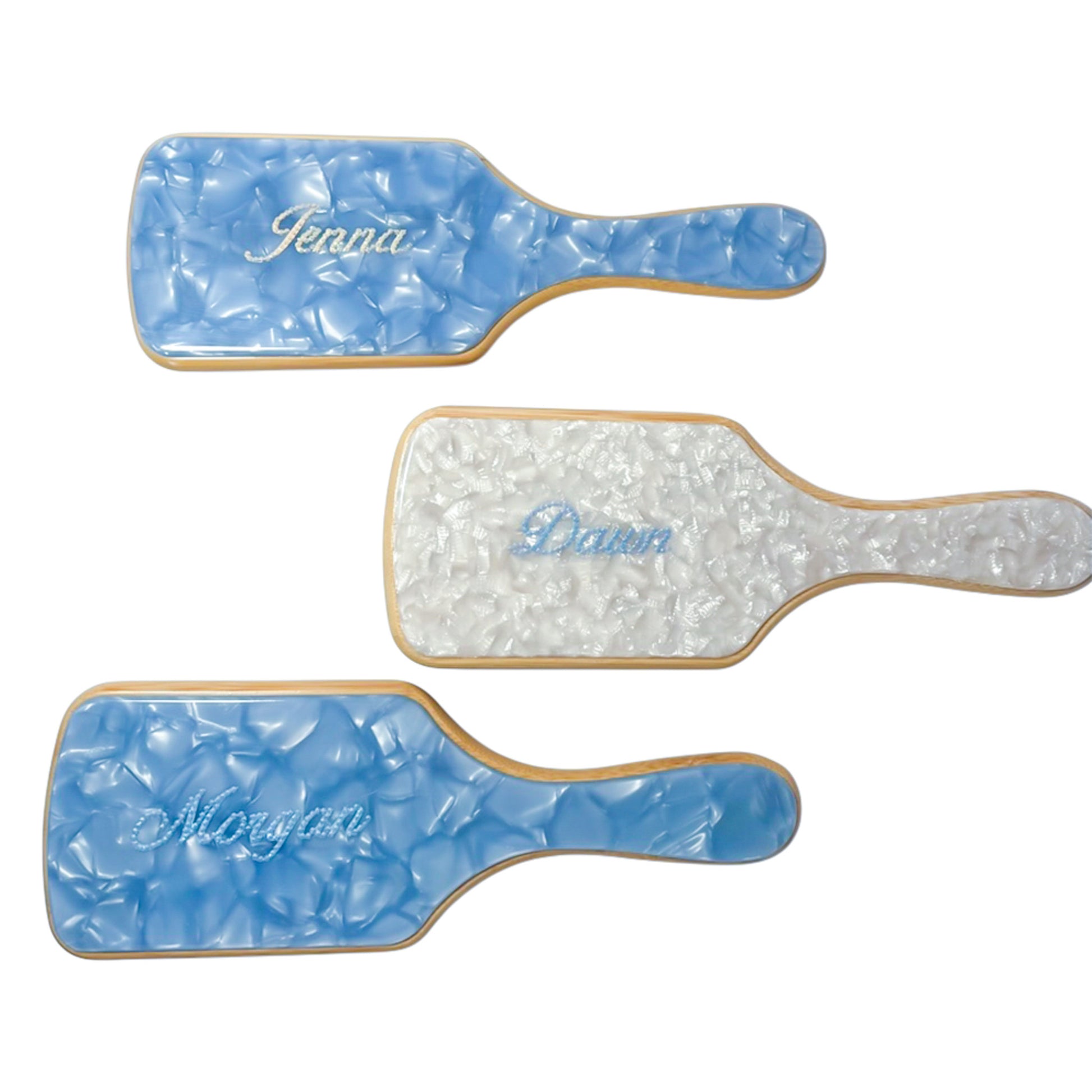 Custom paddle brushes with names in rhinestones — baby blue and white marbled personalized gift set by Local Love by Lauren.