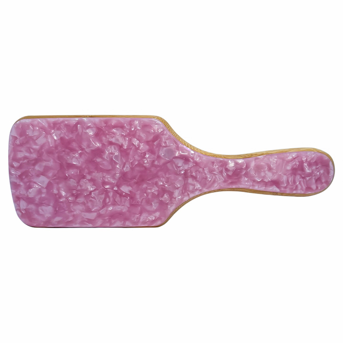 Cotton candy pink marbled paddle brush with a natural bamboo base and ergonomic handle, fully customizable and made to order.

