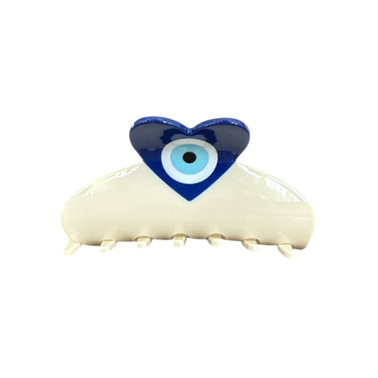 Blue and white evil eye claw clip with heart detail, designed for protection and style — from Local Love by Lauren.