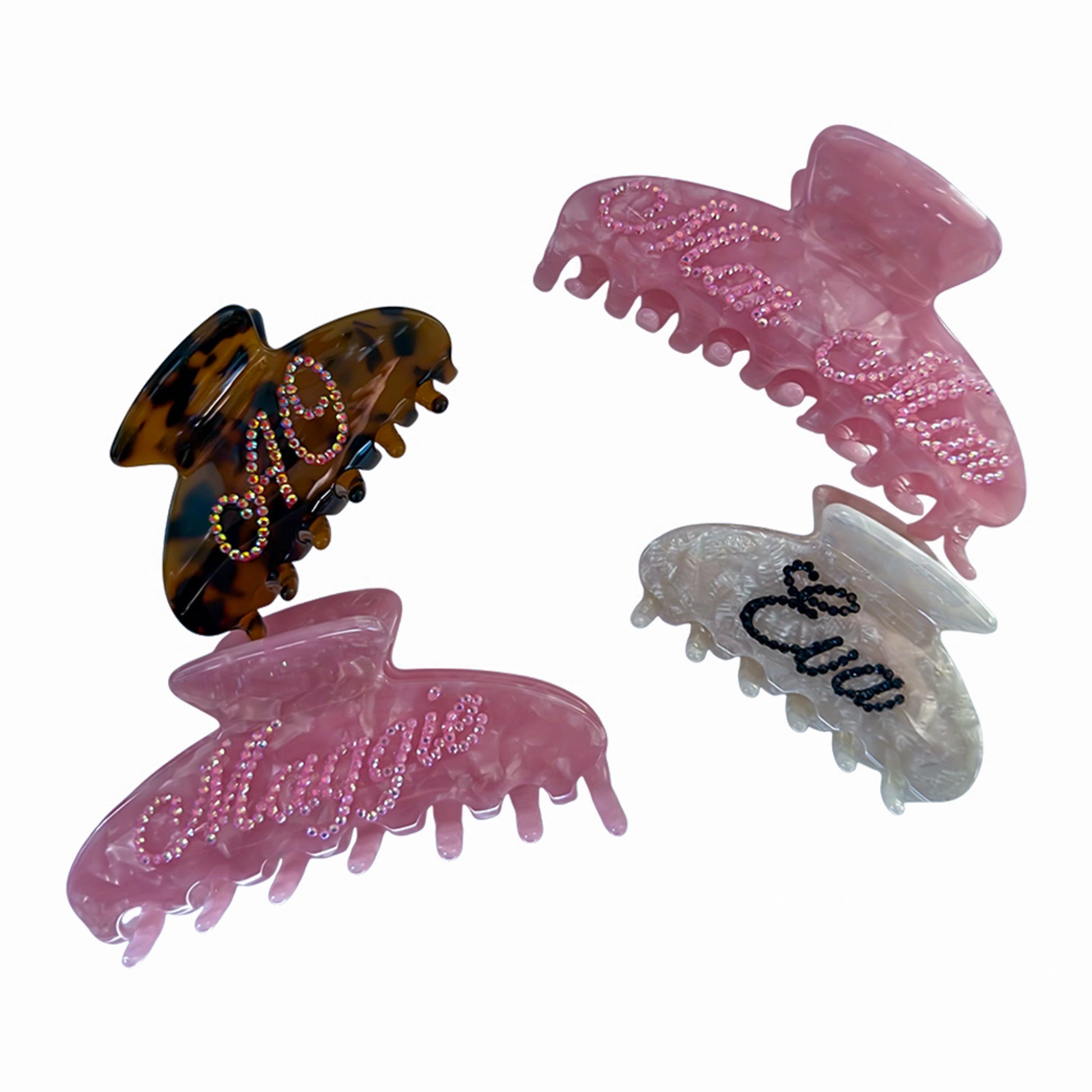 Custom name claw clips in pink, ivory, and tortoise — personalized with crystals for gifting or styling by Local Love by Lauren