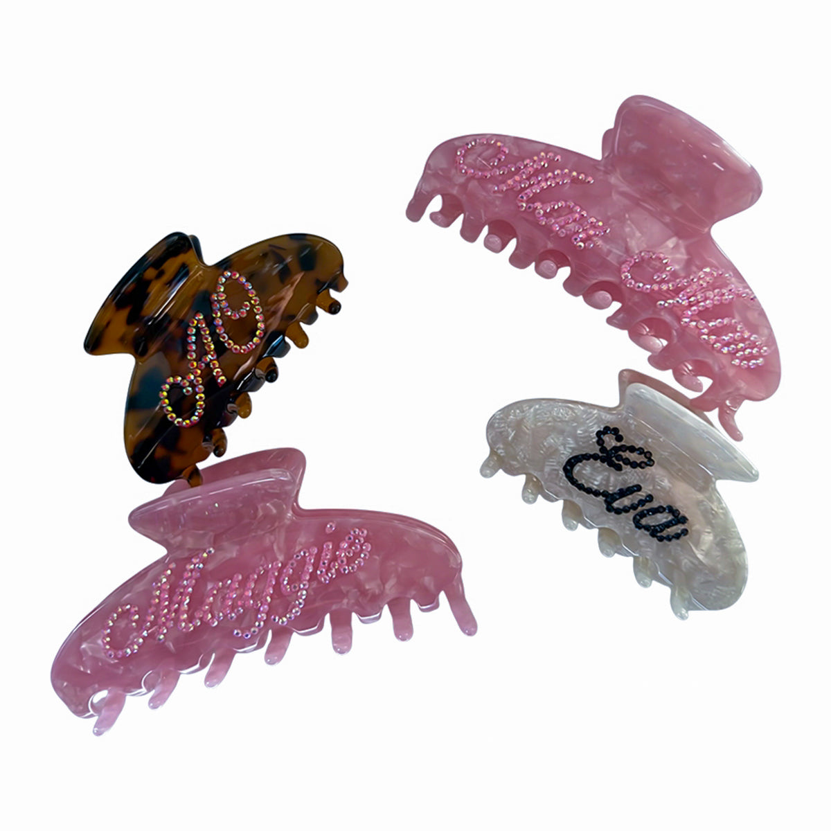 Custom name claw clips in pink, ivory, and tortoise — personalized with crystals for gifting or styling by Local Love by Lauren