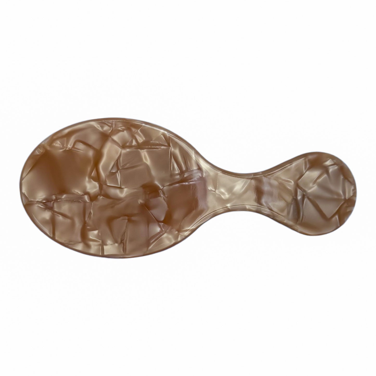 Mini oval hair brush with a marbled light brown pearl finish and curved handle, perfect for personalization and on-the-go touch-ups.

