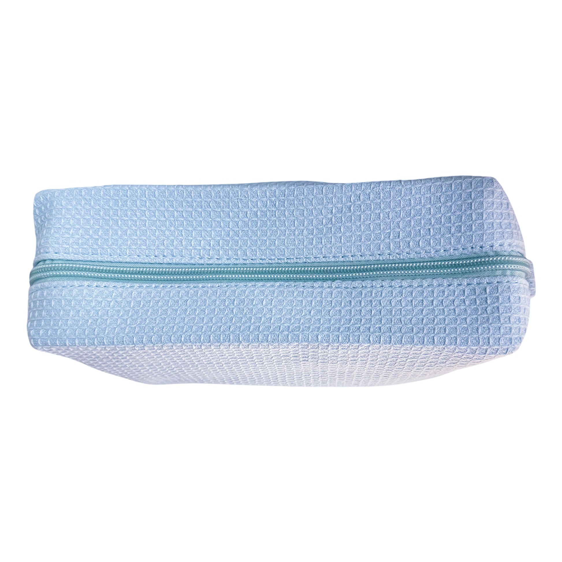 Baby blue waffle-textured travel pouch with zipper — versatile makeup bag or toiletry organizer by Local Love by Lauren.