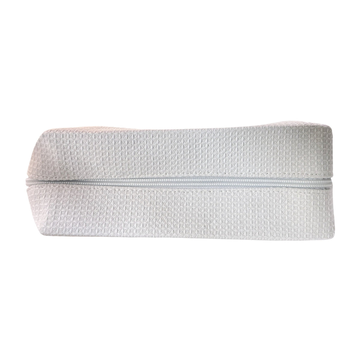 Custom white waffle-textured travel pouch — personalized makeup or toiletry bag by Local Love by Lauren.