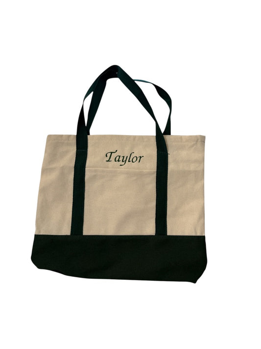 Custom embroidered canvas tote bag with contrasting straps and base — available in black, forest green, and red from Local Love by Lauren.