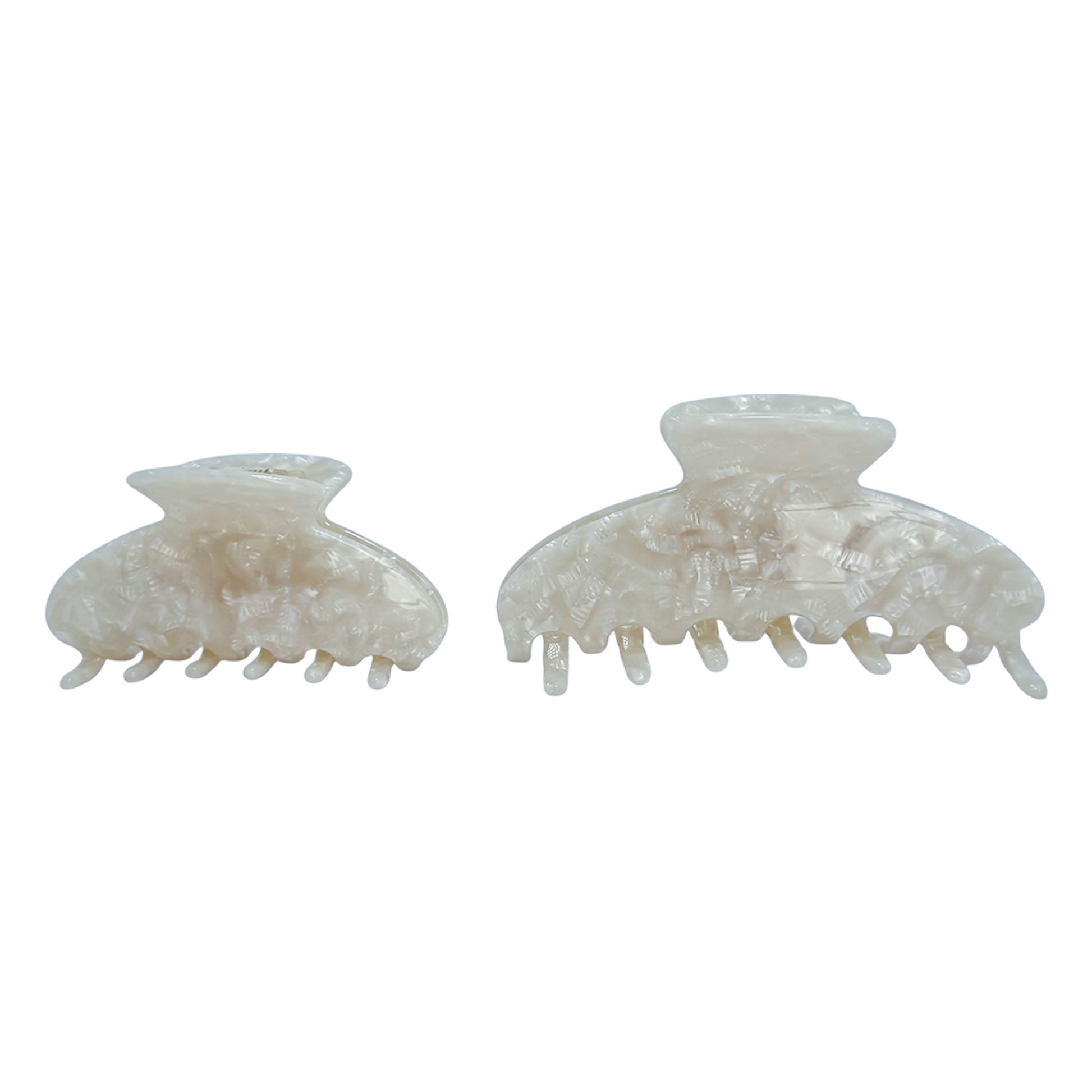 Front view of two OG Claw hair clips in pearl white, shown in standard and large sizes with a glossy marbled finish and curved prongs.