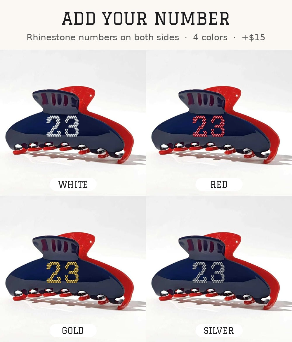 Game Day Claw with a rhinestone jersey number in white, red, gold and silver