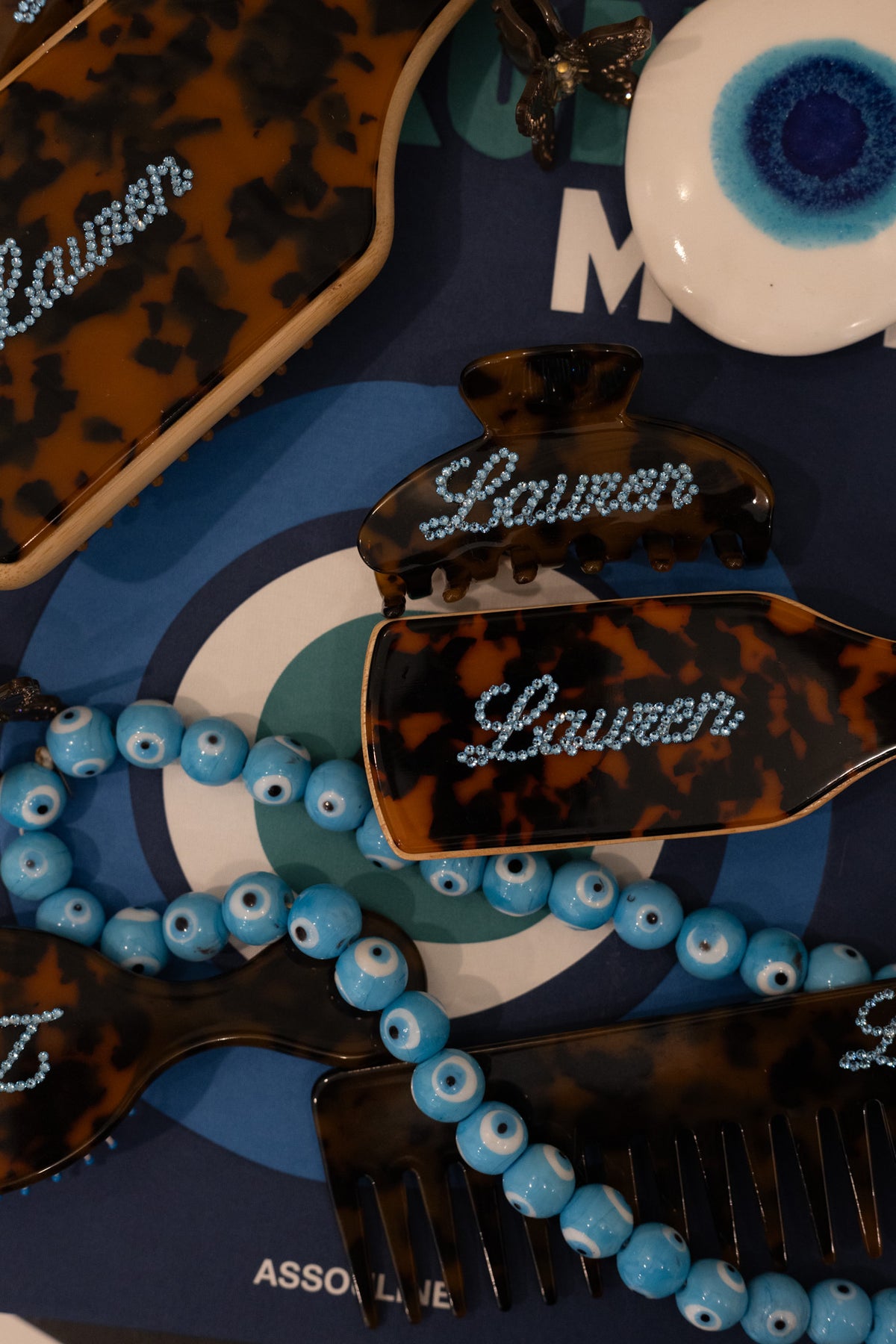 Tortoise personalized claw clip, brush and comb with crystal names – Local Love by Lauren