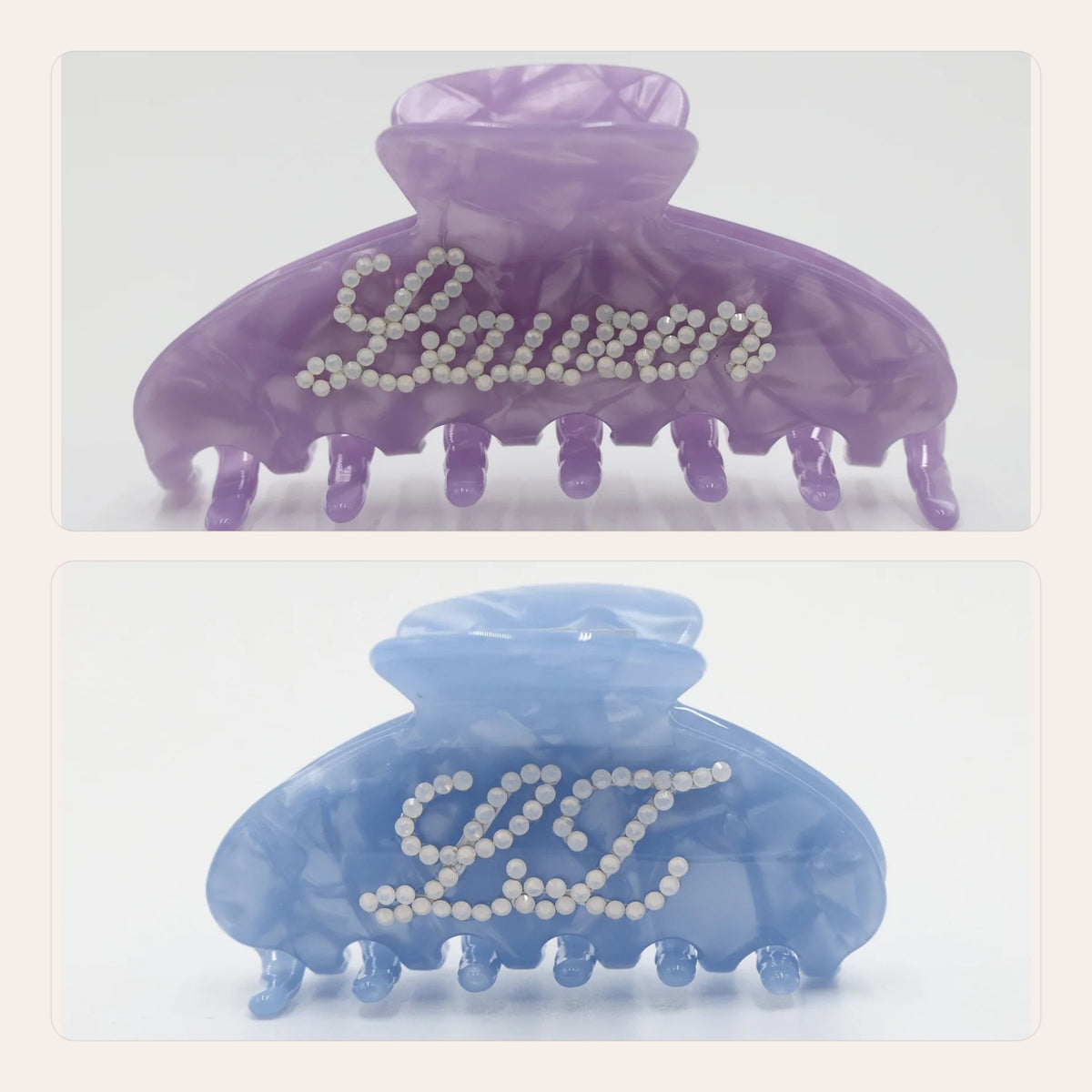 The Duo: Purple Statement Claw with a crystal name and Blue OG Claw with crystal initials – Local Love by Lauren