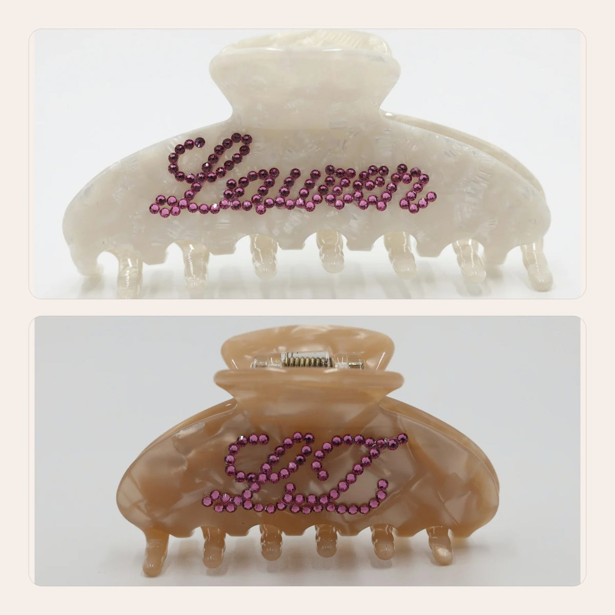 The Duo: White Statement Claw with a crystal name and Light Brown OG Claw with crystal initials – Local Love by Lauren