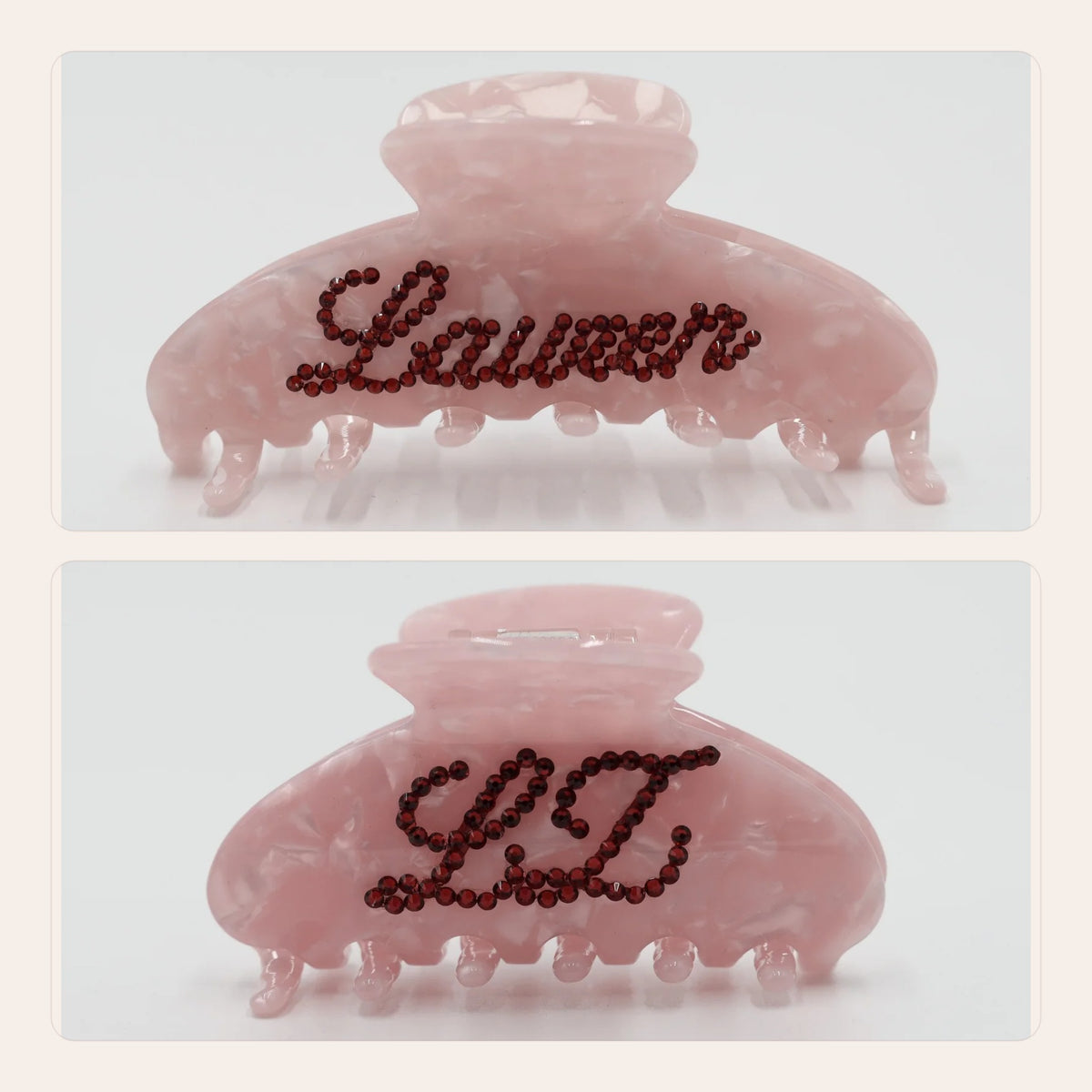 The Duo in Pink: Statement Claw with a crystal name and OG Claw with crystal initials – Local Love by Lauren
