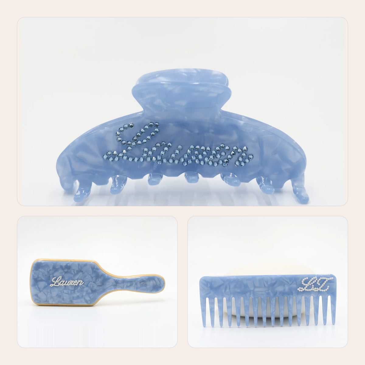 The Matching Set in Blue: Statement Claw, Bamboo Babe Brush and NO BS Comb with matching crystal names – Local Love by Lauren
