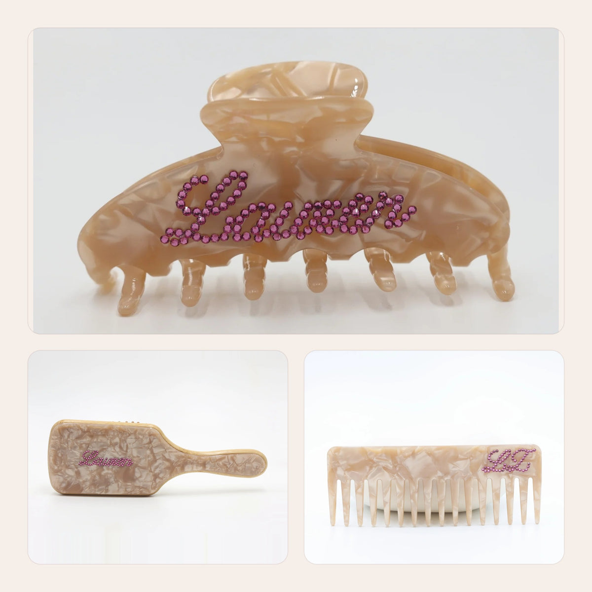 The Matching Set in Light Brown: Statement Claw, Bamboo Babe Brush and NO BS Comb with matching crystal names – Local Love by Lauren