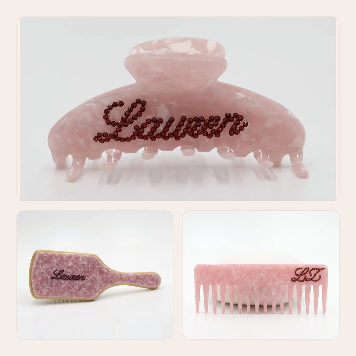 The Matching Set in Pink: Statement Claw, Bamboo Babe Brush and NO BS Comb with matching crystal names – Local Love by Lauren