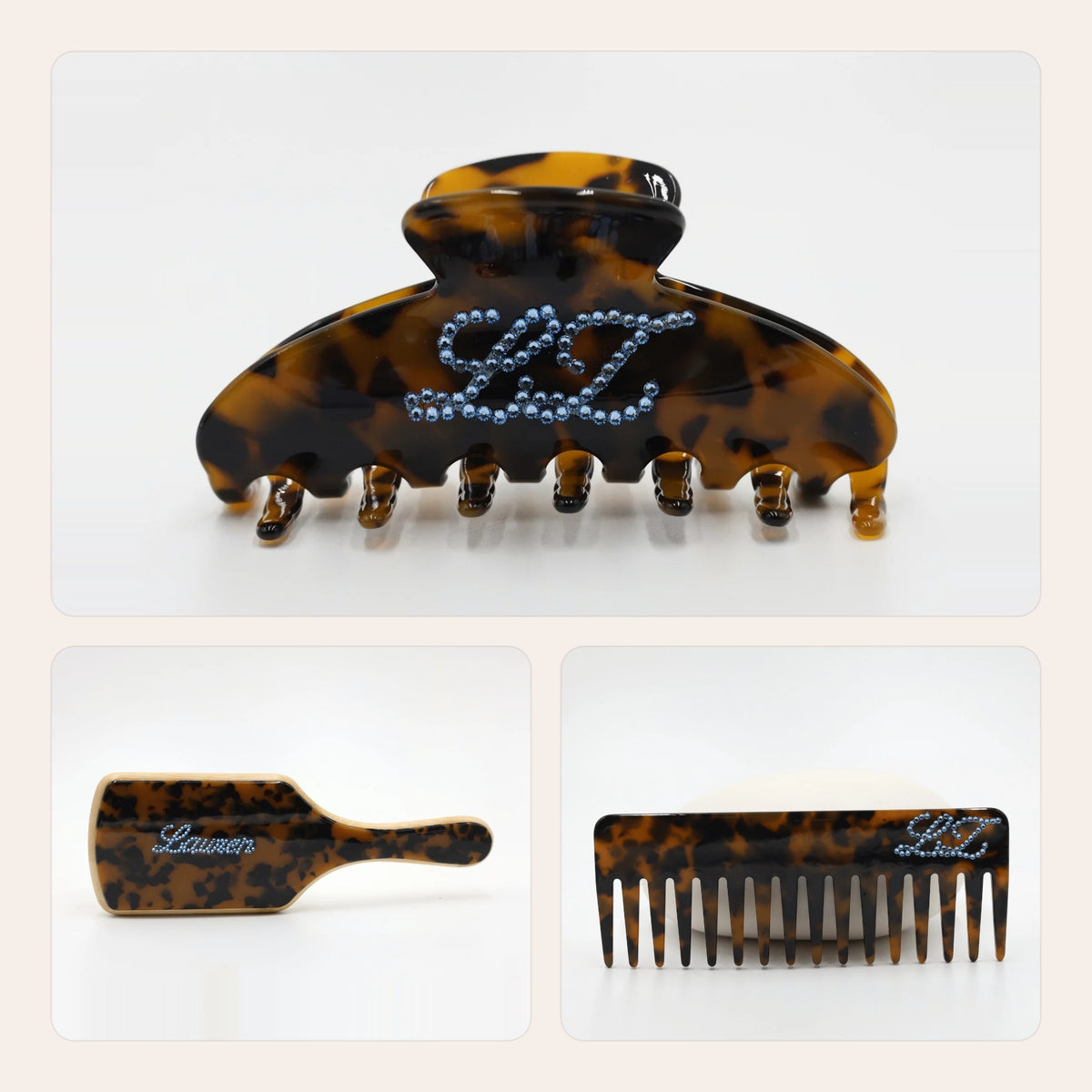 The Matching Set in Tortoise: Statement Claw, Bamboo Babe Brush and NO BS Comb with matching crystal names – Local Love by Lauren
